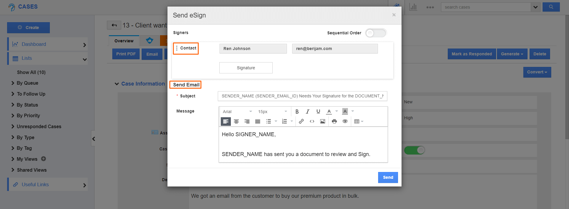 Cases-eSign Pop up.png Cases - eSign pop up